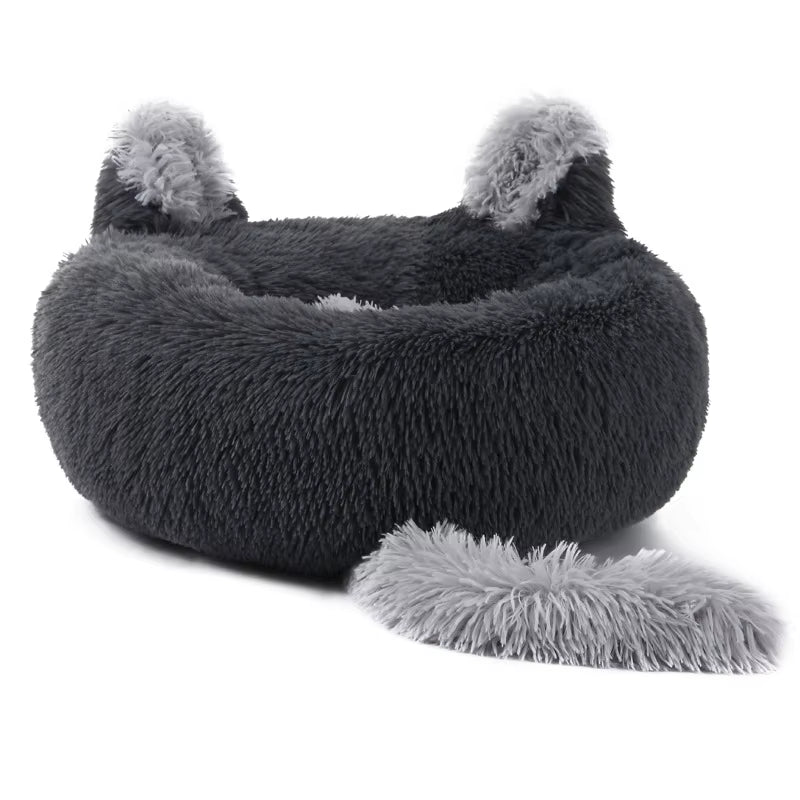 Dark Grey 70Cm round Plush Pet Dog Cat Bed with Cute Ears