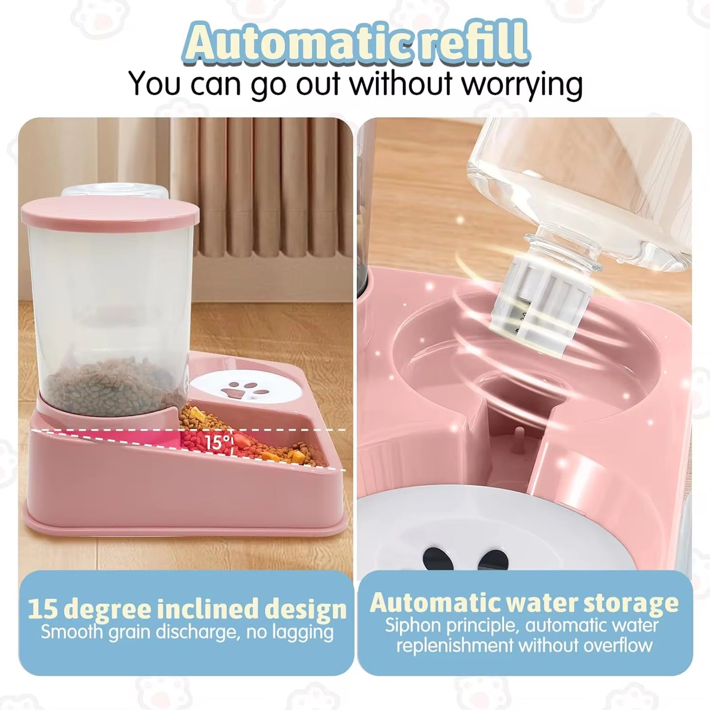 Automatic Cat Feeder Water Dispenser Set, 2 in 1 Tilted Automatic Pet Food and Water Feeder Gravity Food Feeder and Waterer